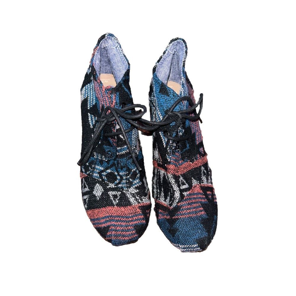 Toms Boots Womens Sz 7 Black Aztec Navajo Hidden Wedge Heel Lace Up Ankle Bootie - Picture 4 of 9
